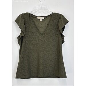 Michael Kors Olive Womens Ruffle Sleeve Eyelet Shirt. - Size L